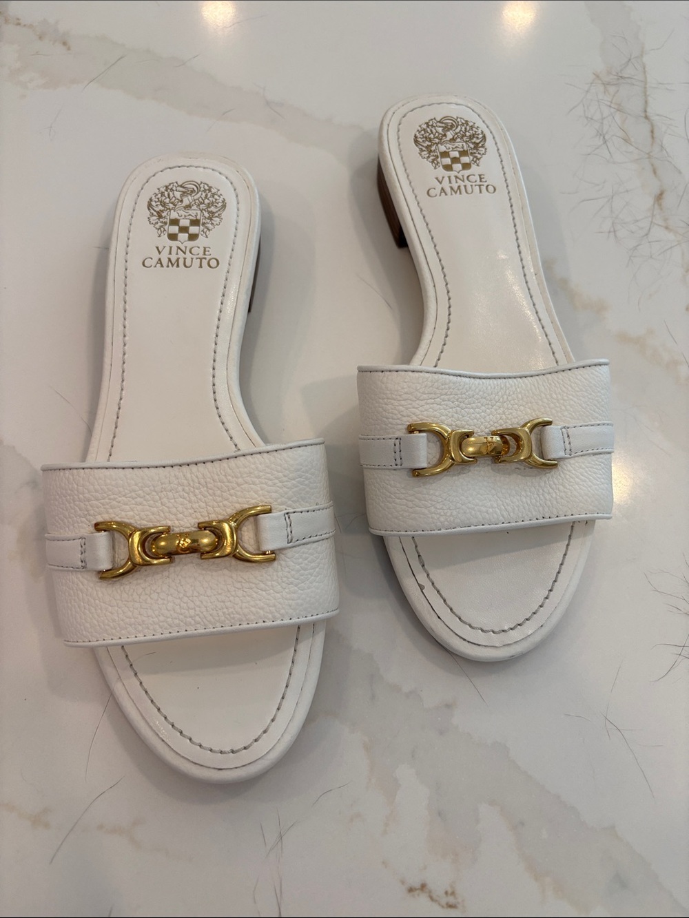 Vince Camuto White Leather Slide Sandals with Gold Buckle Detail